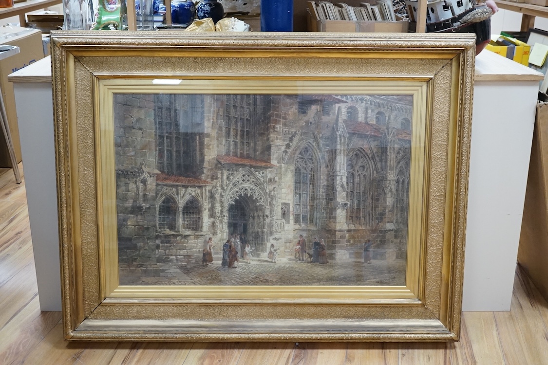 Wyke Bayliss (1835-1906), mixed media and oil, Cathedral exterior, signed, 58 x 88cm, ornate gilt frame. Condition - good